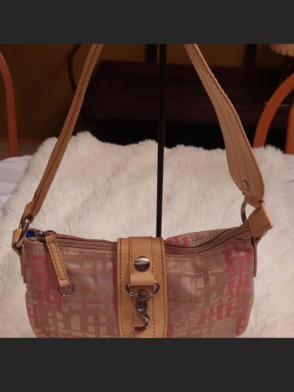 Tommy Hilfiger Beige and Pink Monogram Hobo Bag